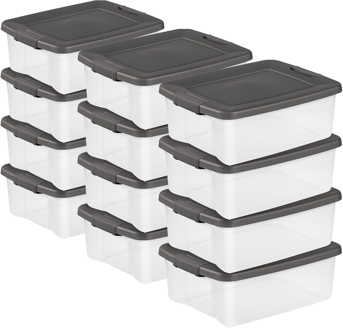Sterilite ShelfTote, Clear Plastic Storage Bins, 25 Quart, 12-Pack | Clear Bins with Gray Lids - Stackable Organizing Container Boxes for Closet, Bathroom, and Office