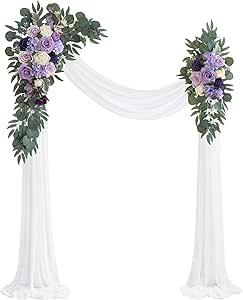 Lilac Artificial Wedding Arch Flowers Kit (Pack of 3) with 26Ft White Shiny Arch Draping Fabric for DIY Wedding Party Ceremony Reception Backdrop Floral Decoration