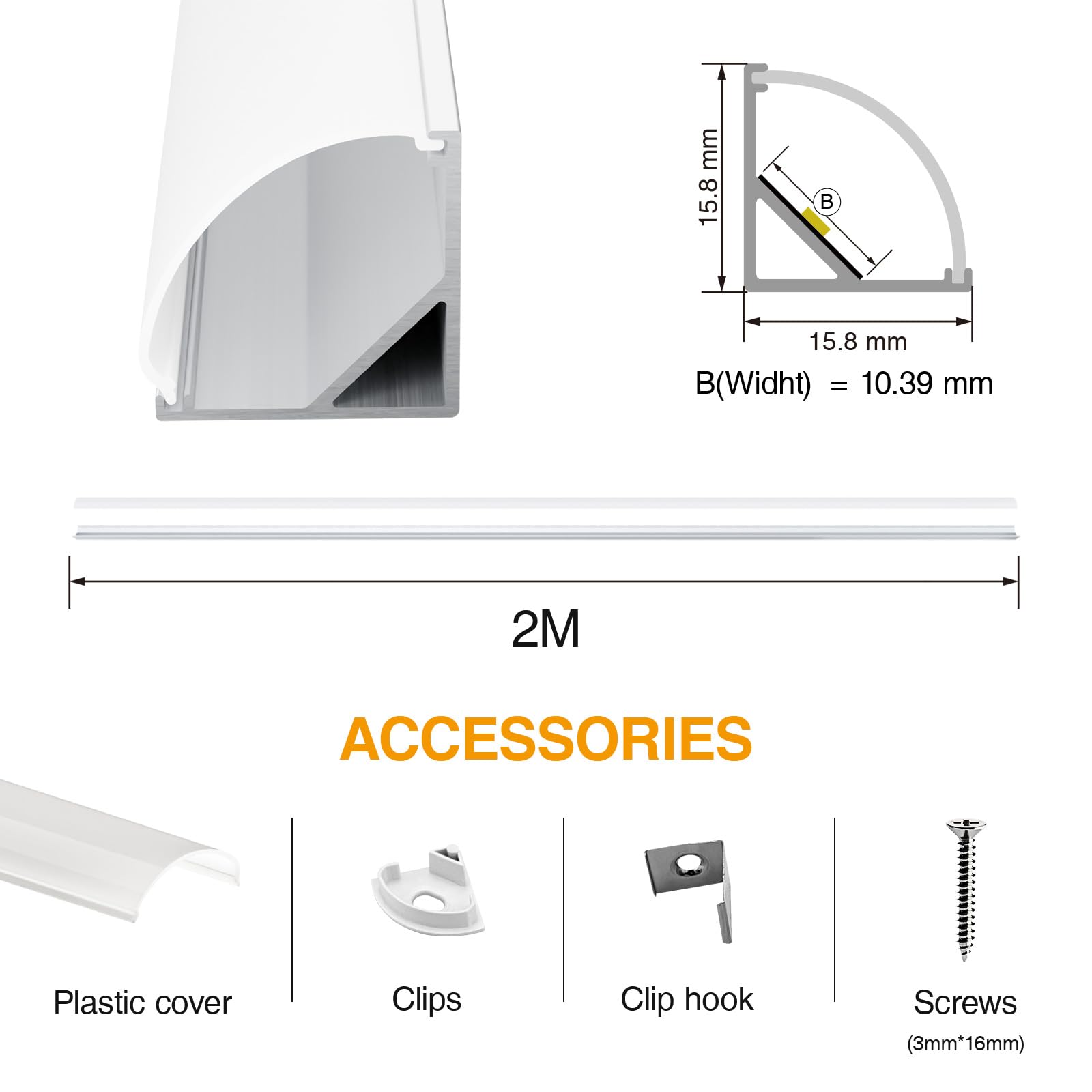 GEEKLUX Profilo a LED in alluminio, 2 m x 20 (totale 40 m), a forma di V a 45 gradi, per strisce LED, guida e diffusore, con tappi terminali e clip di montaggio, 2000 x 15,8 x 15,8 mm