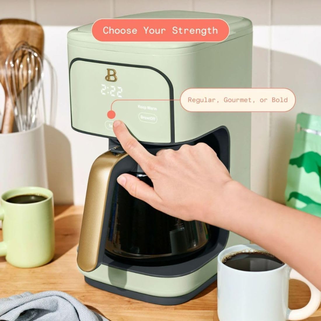 B - 12-Cup Programmable Coffee Maker with Touch Controls, Auto Brew Timer, Reusable Filter, Large Glass Carafe, Countertop Coffee Machine (Sage Green)
