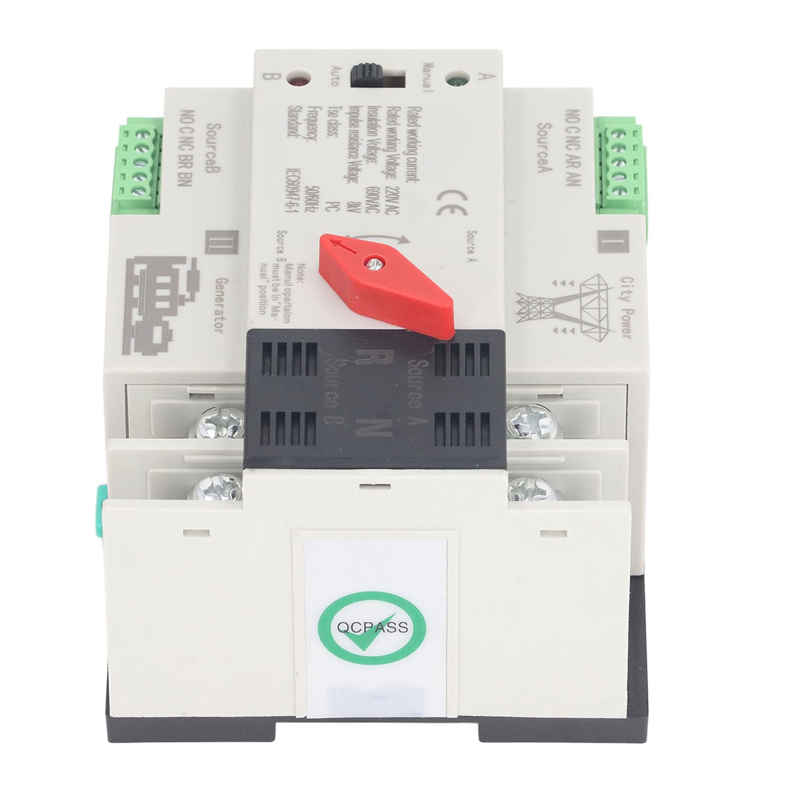 Ejoyous Interruptor de Transferencia Automática de Doble Potencia Interruptor de de Montaje en Riel 2P AC220V, Contactos Plateados de PC Ignífugos, Transferencia de Milisegundos, Operación Manual