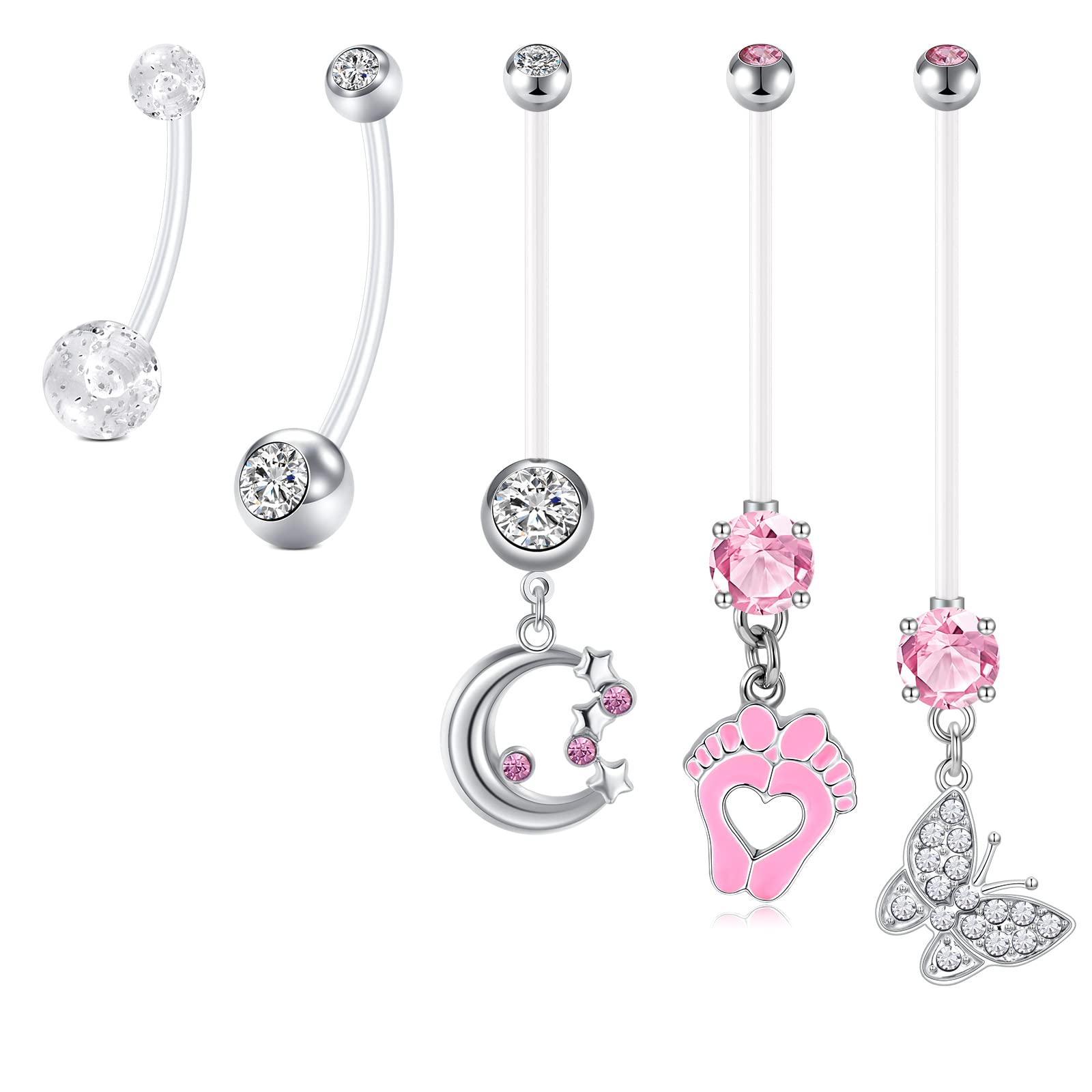 LAURITAMI 5pcs Piercing Ombligo Embarazada Vientre Anillos Acrílico 14G 14/18/25/35/38mm Barra Maternidad Ombligo Piercing Joyas