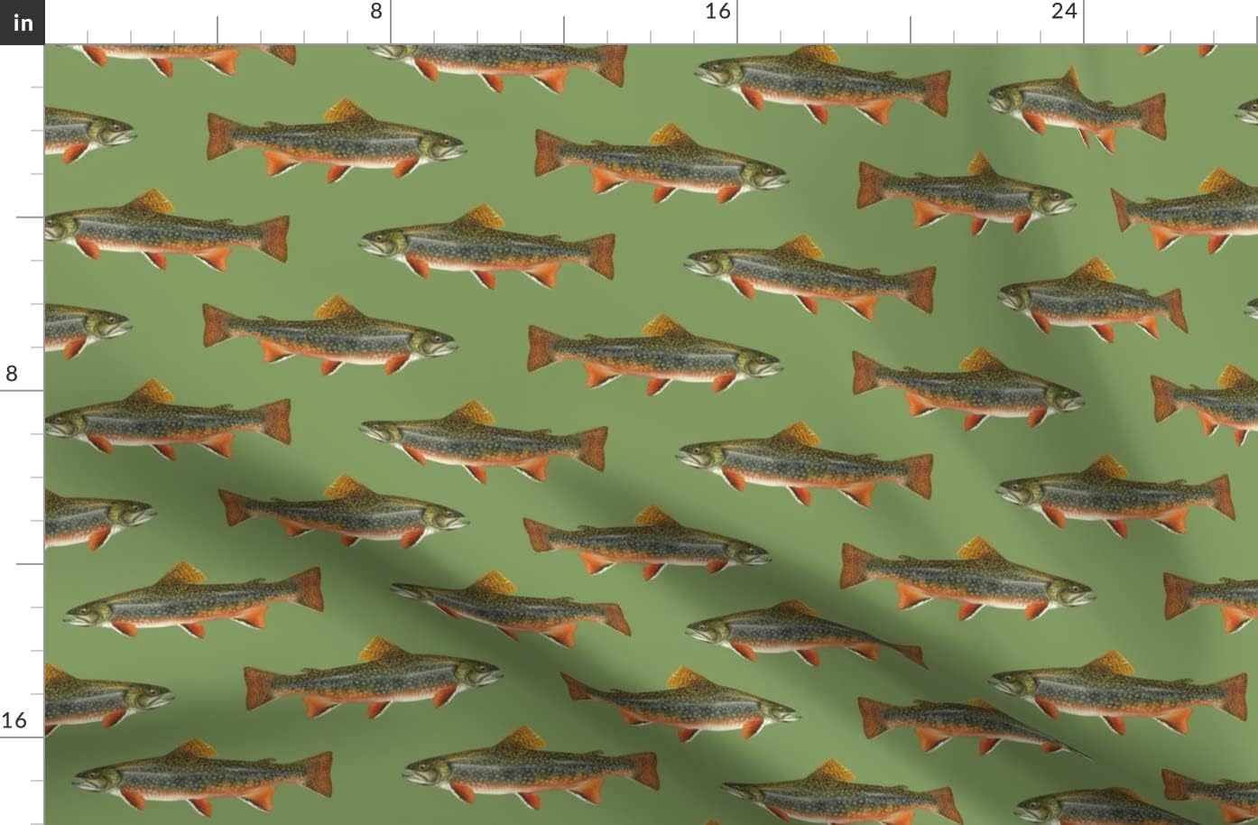 Spoonflower Fabric - Trout Vintage Green Fish Fishing Lake River Great Pond Printed on Organic Cotton Sateen Fabric by The Yard - Sewing Quilting Apparel Home Decor