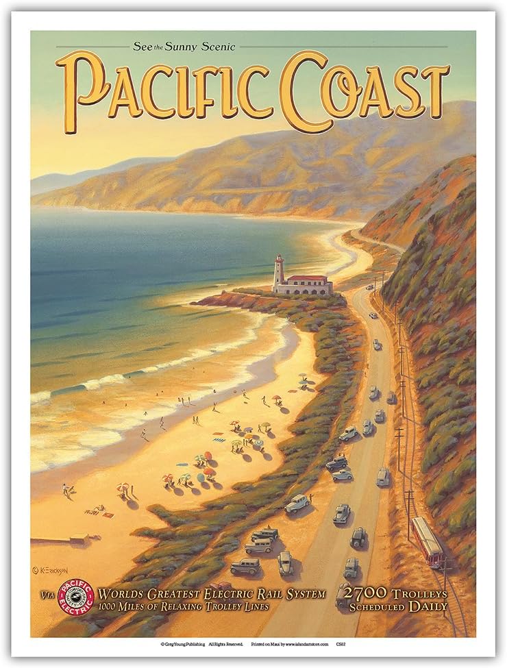Pacifica Island Art See The Sunny Scenic Coast California - Electric (Red Car) - Vintage Railroad Travel Poster by Kerne Erickson - Master Print 9in x 12in