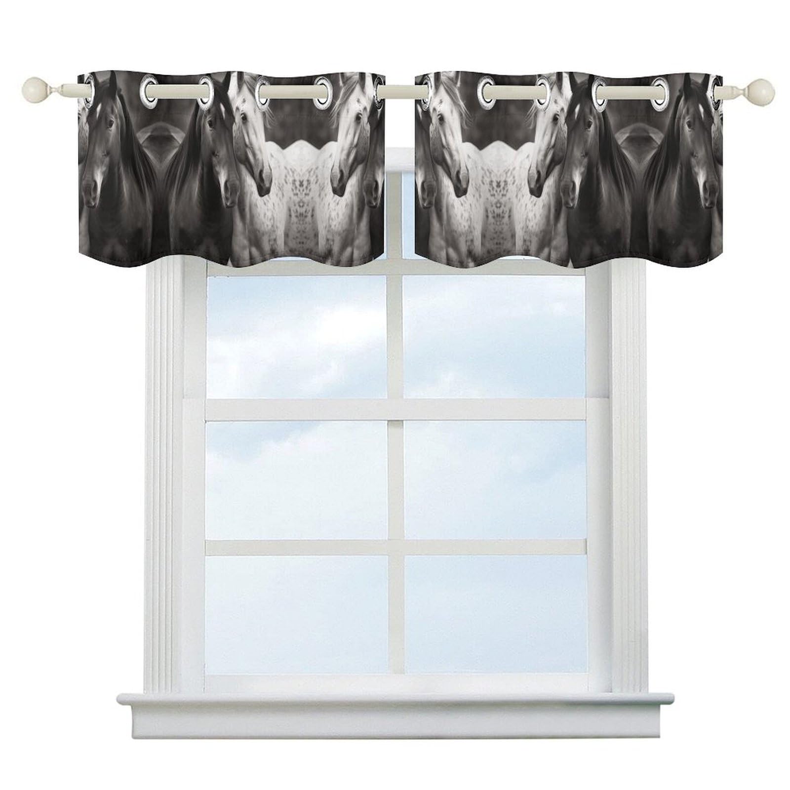 Rideau occultant noir et blanc motif chevaux cantonnière moderne de cuisine pour petite fenêtre
