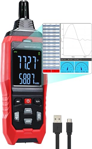 Humidity and Temperature Meter Data Logger Digital Psychrometer HVAC, Wet Bulb Thermometer Record 4000pcs Data and Export, Large LCD Humidity Tester Dew Point Meter with Indicator and Buzzer Alarm