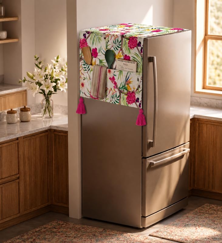 Image of WWW.THROWPILLOW.IN Fridge Top Cover for Double Door 250-400L | Medium Size Dustproof Refrigerator Cover | Corner Tassels with Pockets | Floral Print | Double Door Fridge Cover Mat