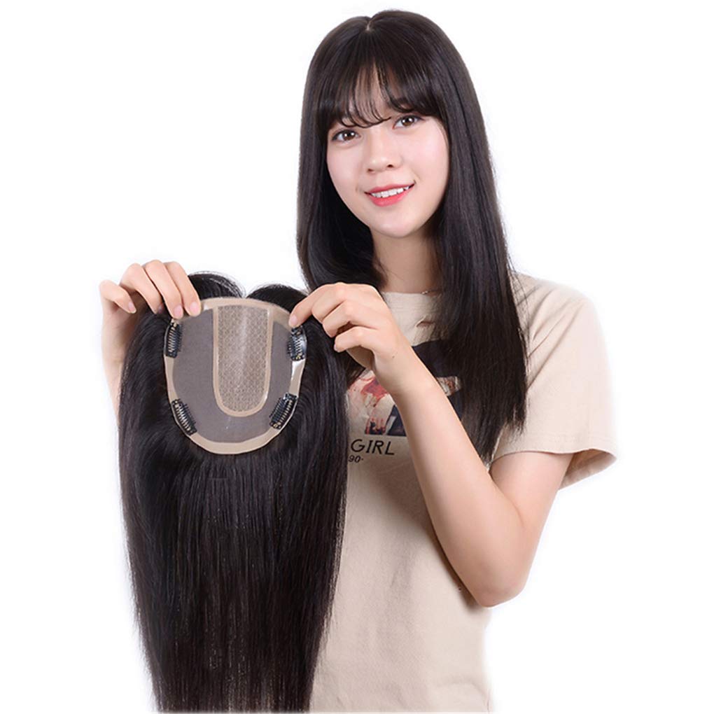 Clip in Human Hair Toppers for Women with Thinning Hair, 5"x5.5" Mono Forehead Topper Hairpieces with Silk Base Parting, Dark Brown 16"