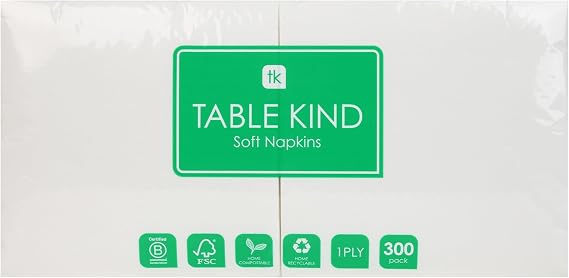 Table Kind 300 x White Napkins, Disposable Serviettes 1ply Paper Napkins for Parties, Catering, Festivals, Food Vans, Cafés, Corporate Events, Bars, Restaurants Camping Picnics BBQ Compostable