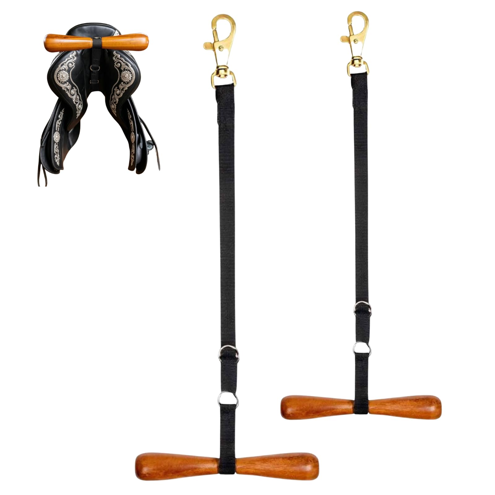 Saddle-Shaped T-Shaped Hanger, Adjustable Hanging Horse Tack Storage, Portable Saddle Rack Holder with T Bar Support Strap, Lightweight Equestrian Gear for Western & English Saddles (Black_2Pcs)
