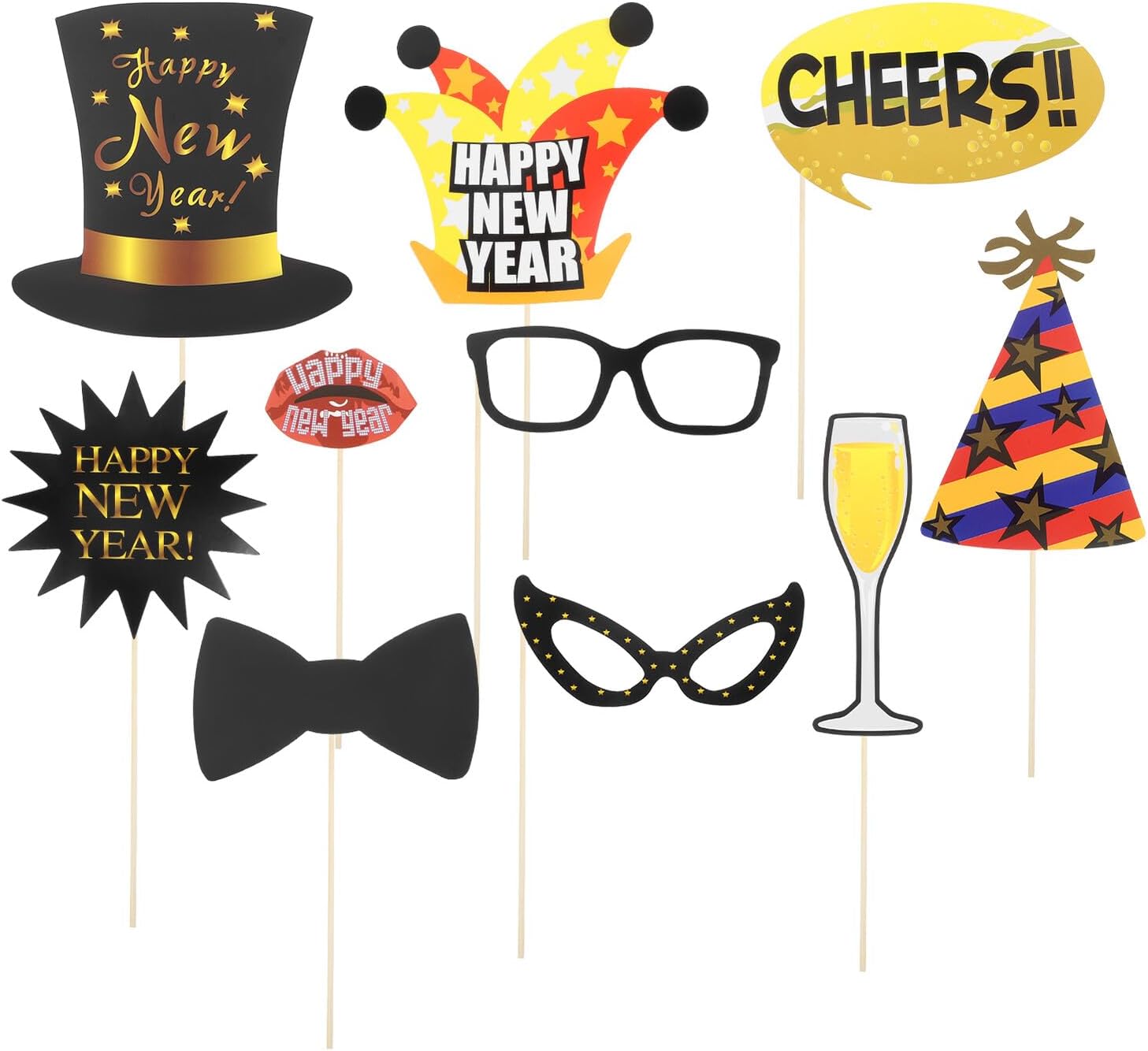 10pcs Black and Shiny Metallic New Year Photo Booth Props Set with Hats Masks Lipstick and Tie Cutouts for New Year’s Eve Party Decorations and Celebration Accessories