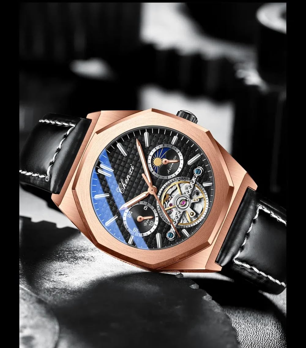 Reloj mecánico octágono Tourbillon hueco con fases de la luna estrellada, impermeable, luminoso, automático, reloj de pulsera de cuero de lujo para hombre