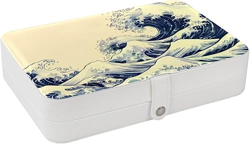 Ocean Waves Retro Style Jewelry Box Necklace Ring Storage Organizer, PU Leather Jewelry case Portable Travel Jewelry Organizer for Women Girls