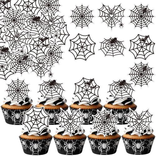Rsstarxi 60 Pack Edible Spider Webs Cupcake Toppers Halloween Spiders Cupcake Picks Halloween Cake Decoration for Horror Theme Baby Shower Birthday Party Cake Decorations Supplies
