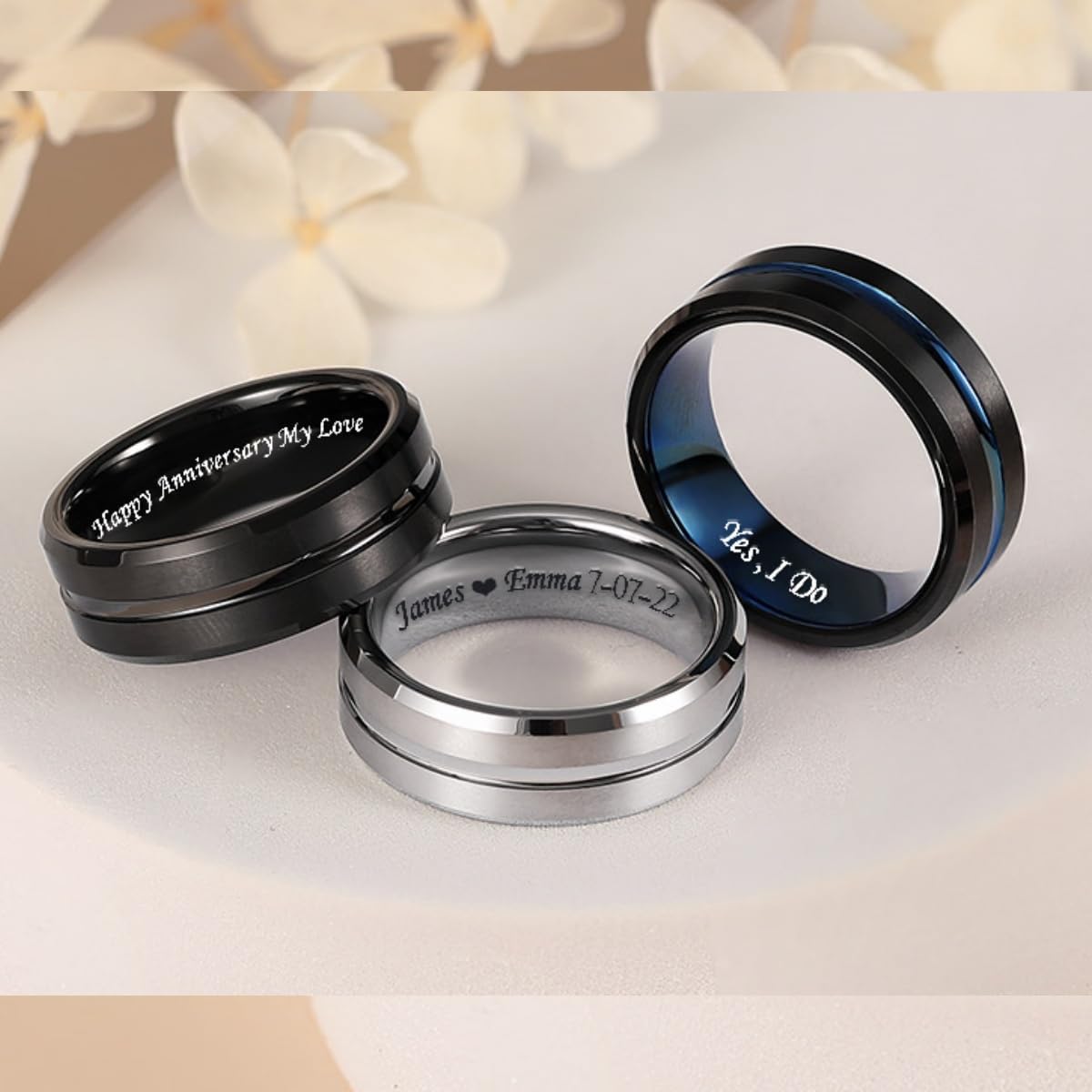 Personalized Tungsten Ring for Men 8mm Custom Engraved Black/Silver/Blue Grooved Wedding Band Promise Ring for him and her Comfort Fit Size 4-17