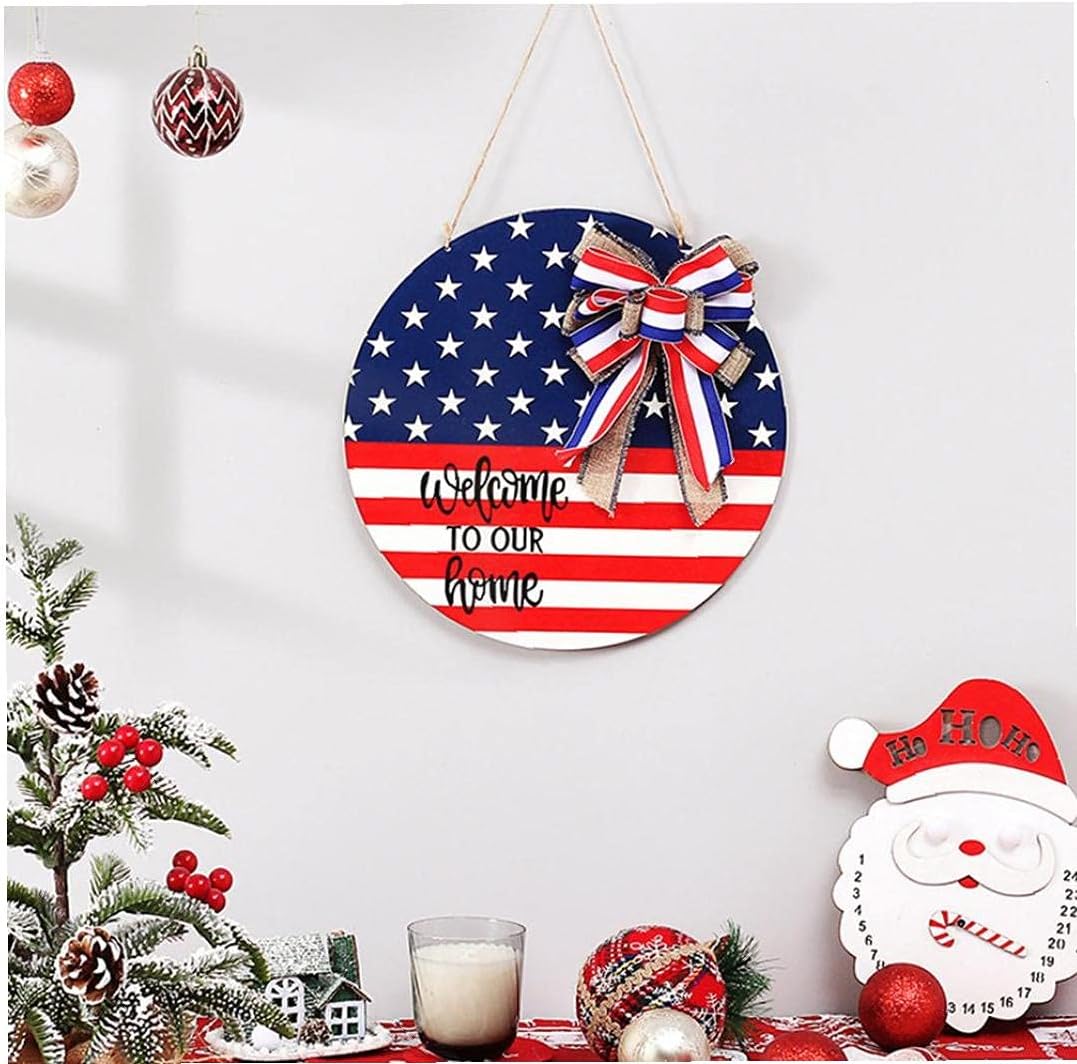 Hainice Front Door Hanging Plaque Welcome to Our Home Sign Farmhouse Wooden Round Plaque Independence Day Decor with Bow for Door, Entrance, Porch of Home : Office Products