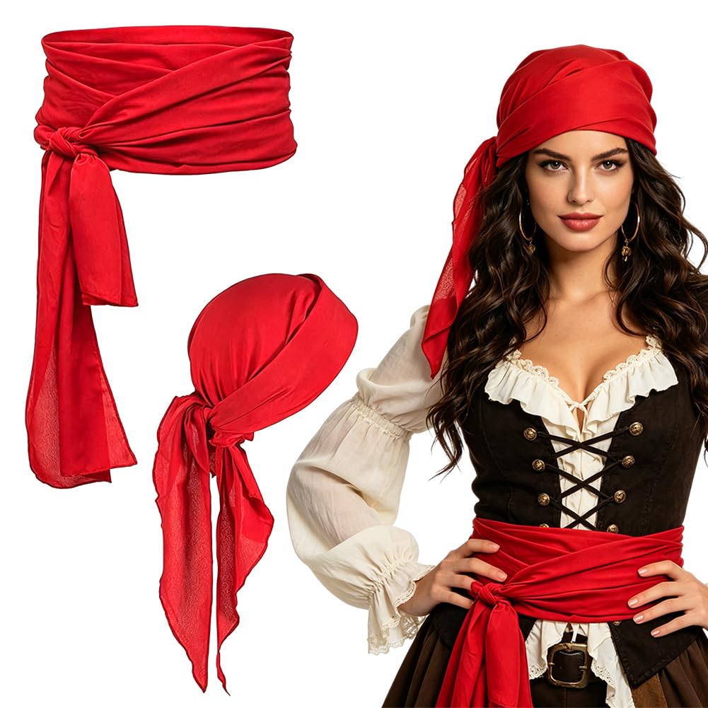 HATFRYF Pirate Costume Accessories Set, Pirate Sash Belt Headband Waist Belt, Medieval Renaissance Pirates Bandana and Sash Belts, Halloween Masquerade Party Role Play Pirates Outfit - 2PCS