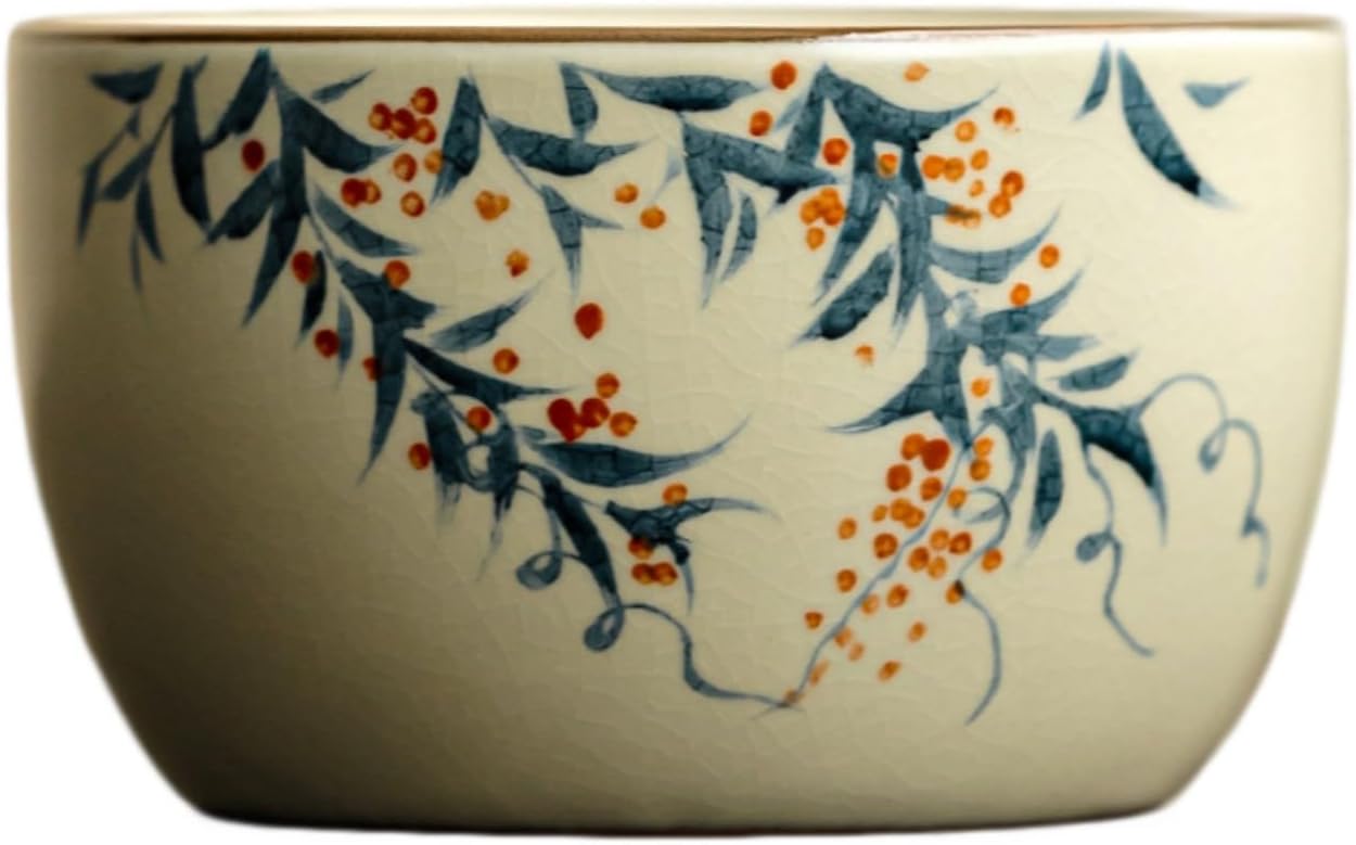 米黄汝窑手绘紫藤花大号喝茶杯陶瓷家用 Ceramic Kung Fu Tea Set,teapot,Teacups,warming Wedding Birthday Gift,Tea Tray Chinese,Dishwasher Safe 黄汝直边杯【手绘紫藤花】 150ML（简装）