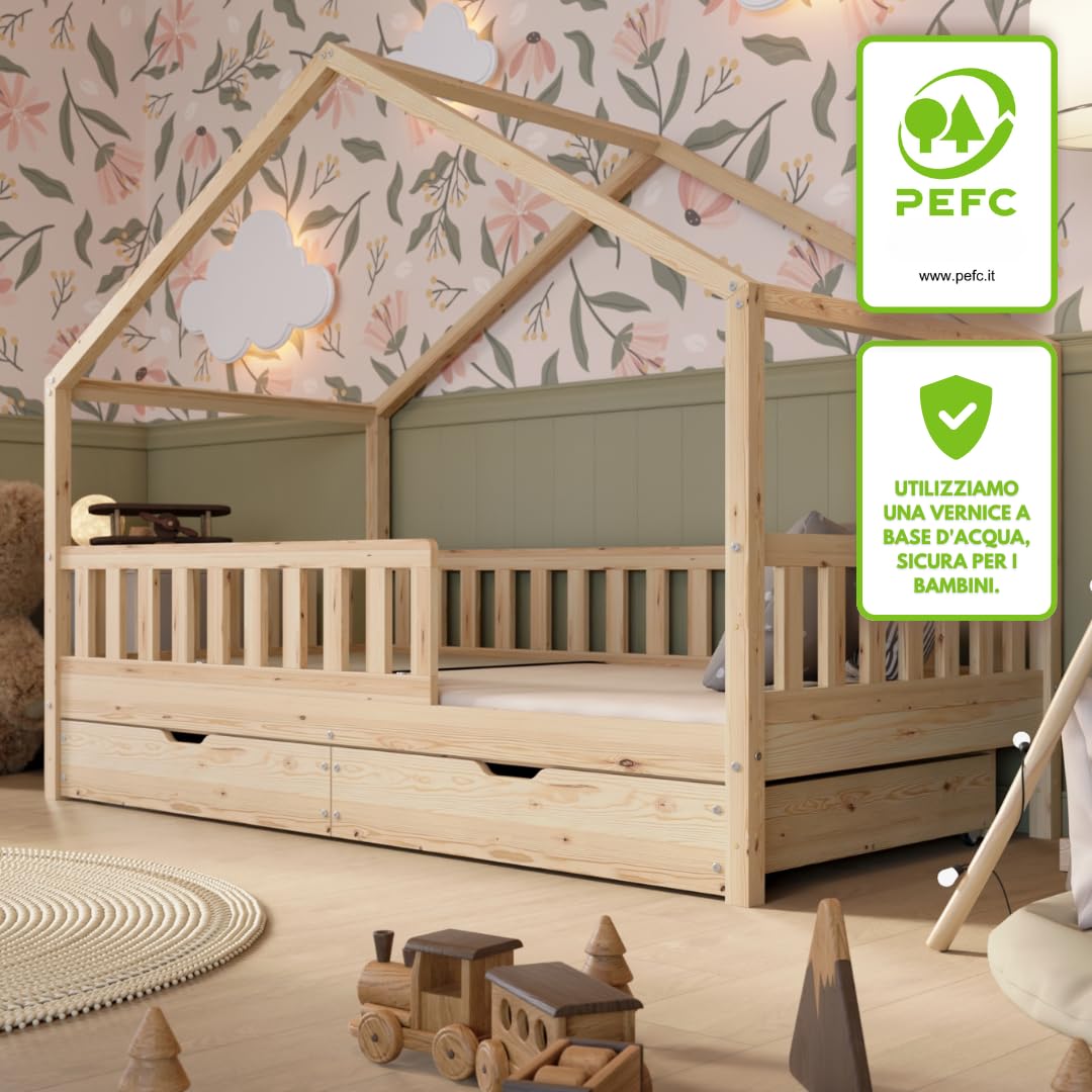 Letto Montessori a Pavimento 200x120 cm Legno Naturale con Cassetti