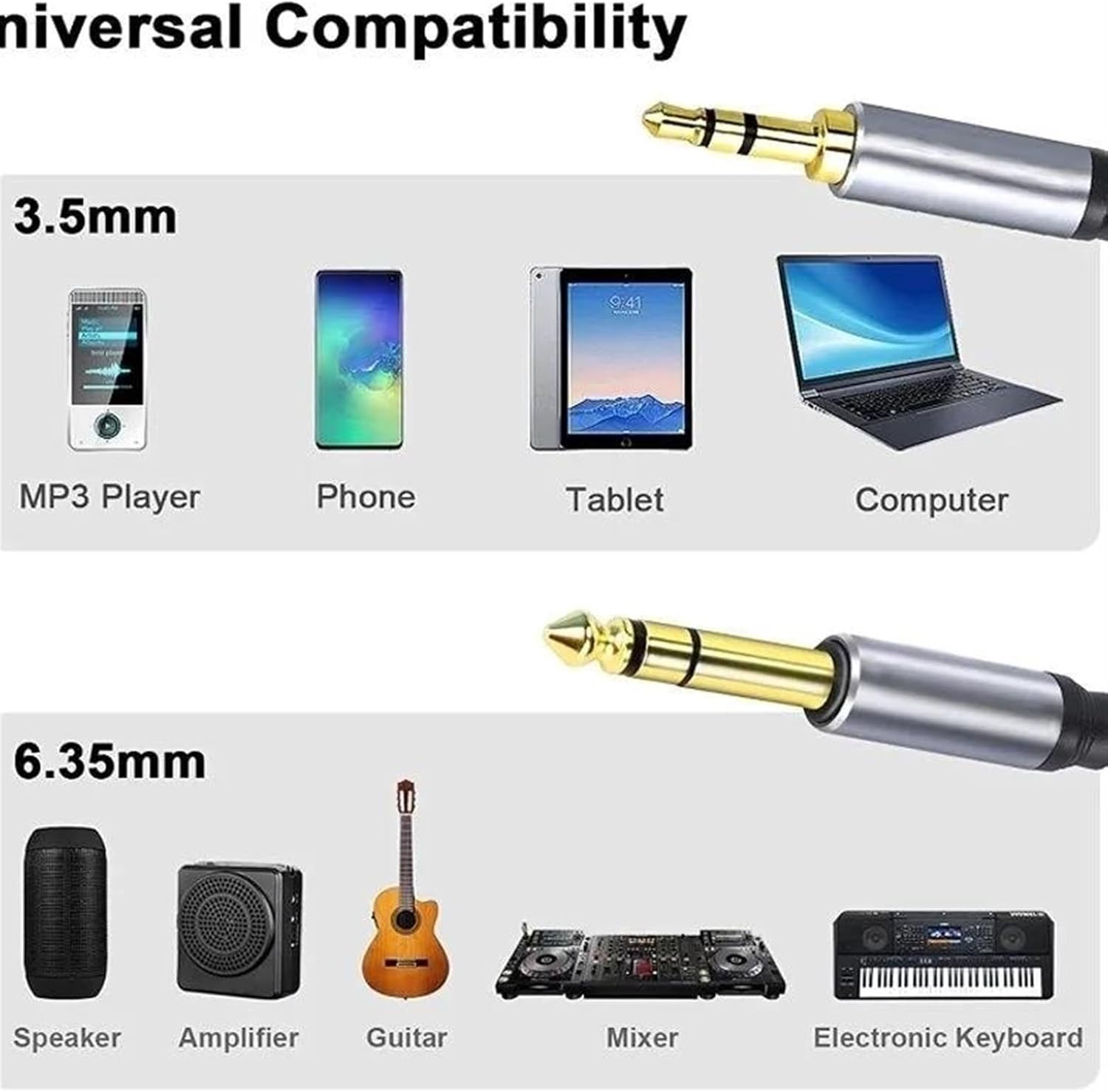 ギターバランス楽器低音ケーブル、 ギターアンプ、スピーカーミキサー用 3.5mm - 6.35mm TRS 金メッキオーディオケーブ
