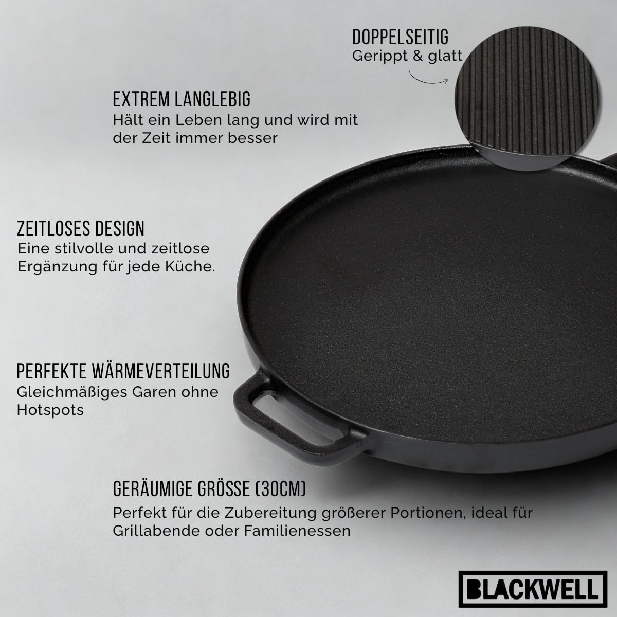 Blackwell Grillplatte 2-seitig | Grillpfanne Ø 30 cm | Gusseisen | Schwarz | Für alle Herdarten, Grill und Backofen geeignet