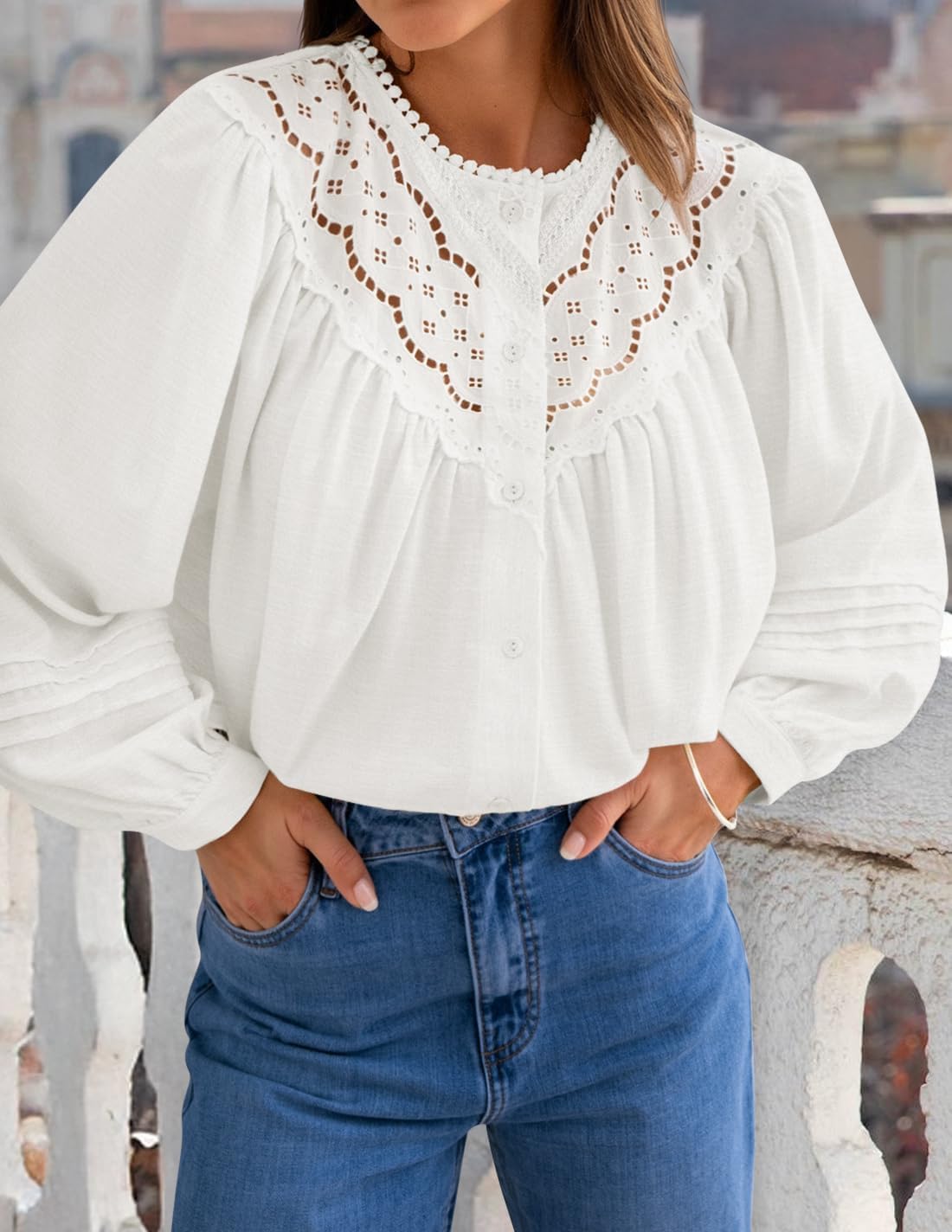 ZESICA 2026 Spring Summer Long Puff Sleeve Babydoll Tops for Women Lace Crochet Button Down Boho Victorian Shirts - Image 9