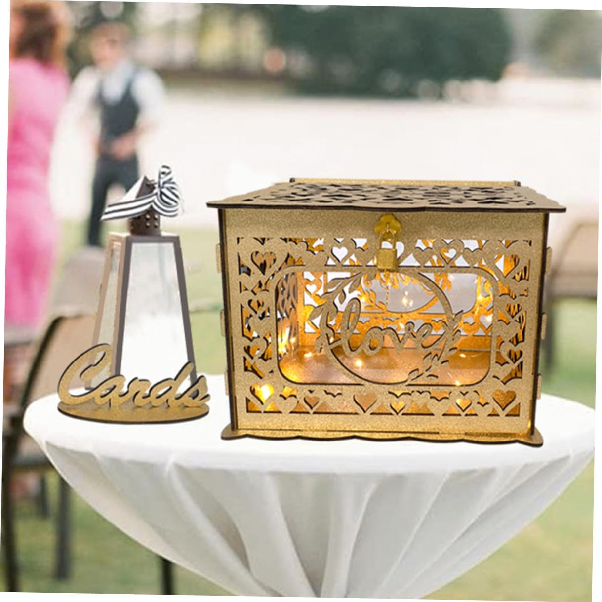 Wooden Hollow Wedding Card Box with Glitter Portable Card Holder for Anniversary and Birthday Party Decorations