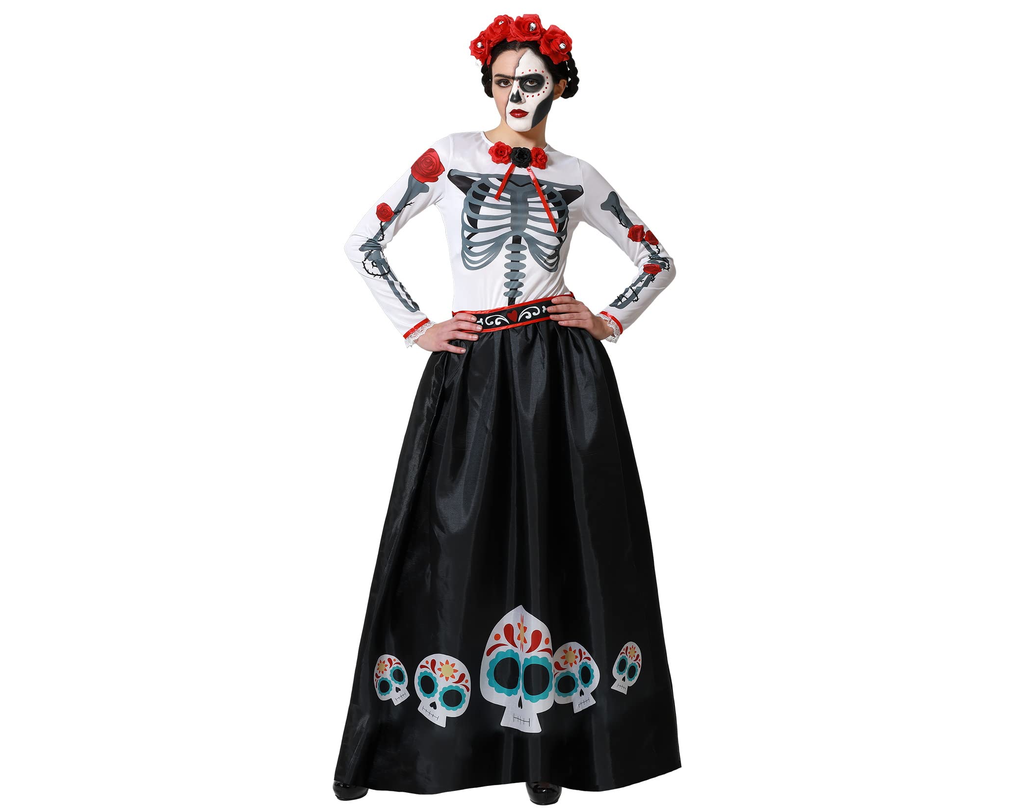 Atosa Disfraz Halloween Esqueleto Mejicano Catrina Mujer, Vestido Blanco y Negro con Estampado Floral y Cráneos, Cinturón Decorativo