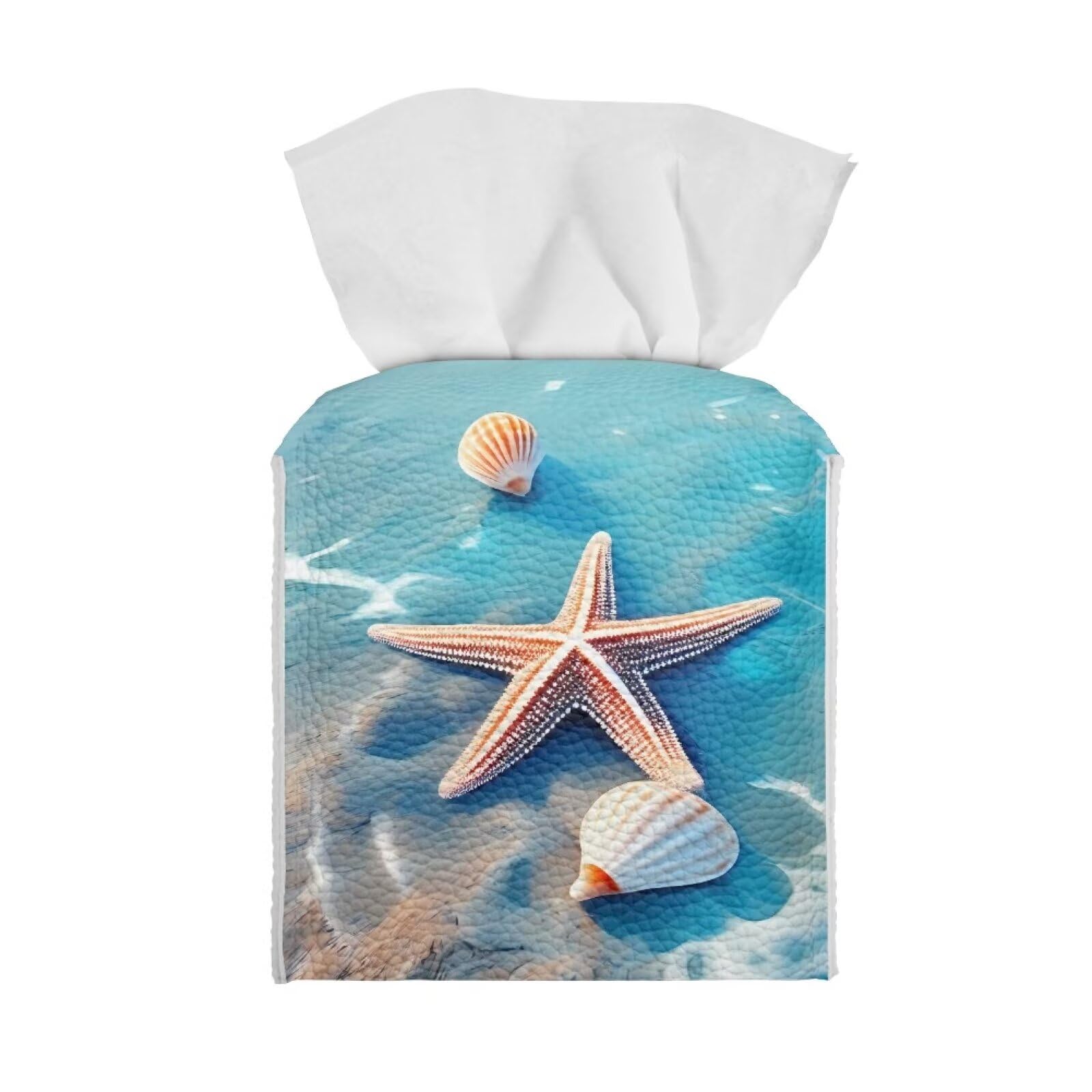 Tutolipy Tissue Box Cover Decorative Holder PU Leather Square Tissue Case Dispenser for End Table,Office Desk, Nightstand,Home Decoration,Pretty Starfish Shell โ image 1