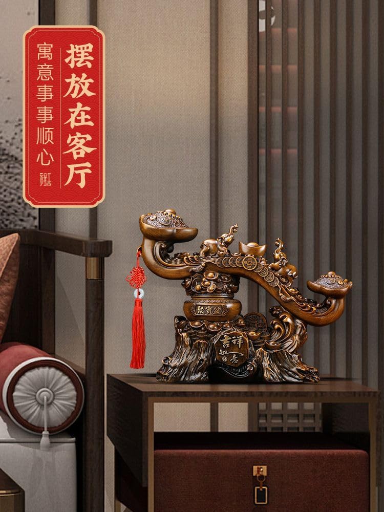 吉祥如意 Feng Shui Figurine Golden Treasure Basin 聚宝盆摆件 Feng Shui Figurine Home Office Decor Chinese Gifts 家居客厅办公室如意吉象新房装饰乔迁开业礼品 8495