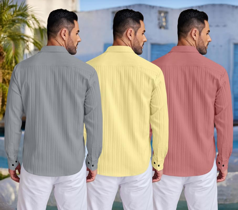 Image of FINIVO FASHION Combo of Men's Casual Cotton Plain Button Down Shirt Long Sleeve Textured Summer Beach Shirt for Men Pack of 3