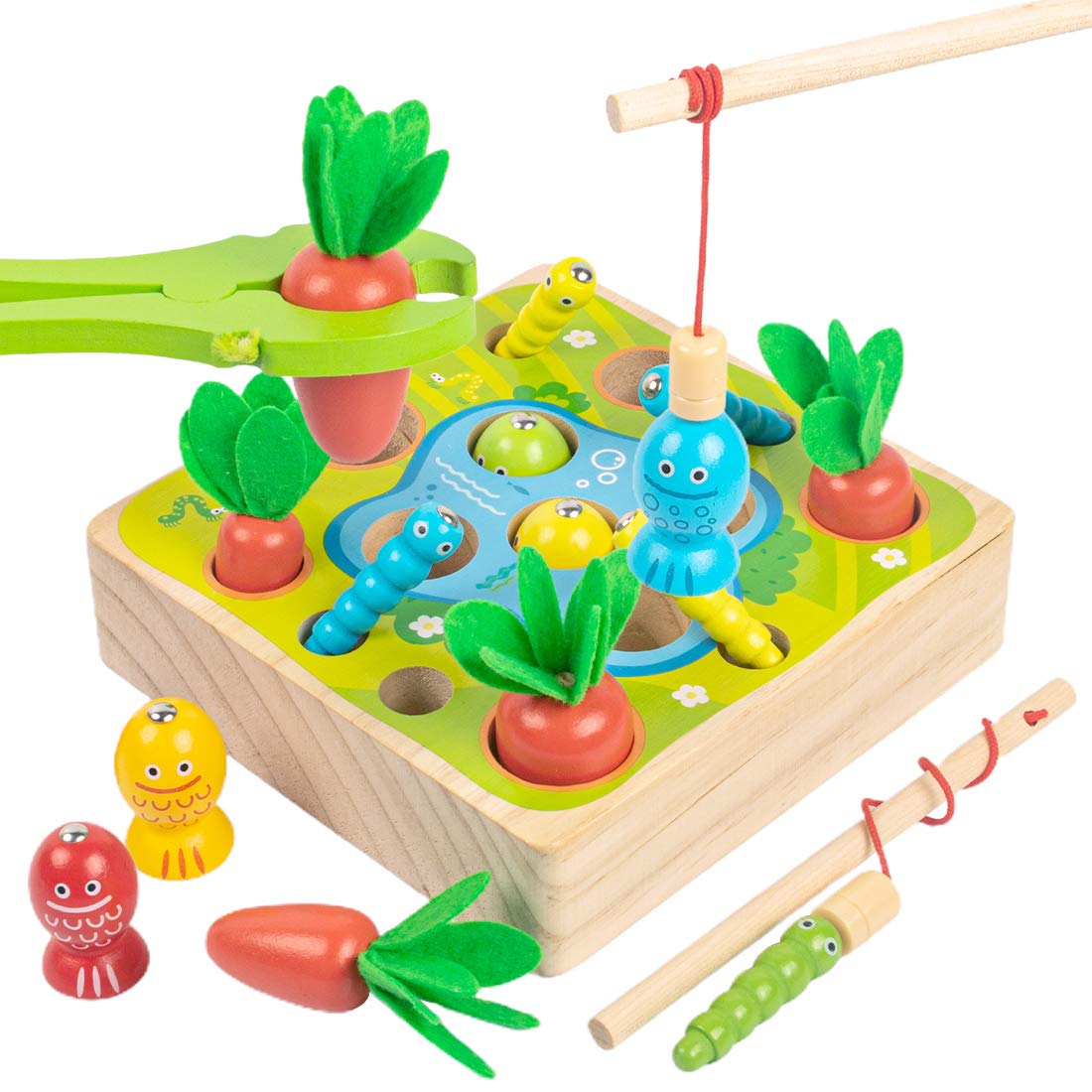 UNIH Wooden Montessori Toys for Toddlers, Educational Toys of Carrots Harvest Shape Size Sorting Puzzle, Fine Motor Skill Toy for 1 2 3 Years Old Boys and Girls