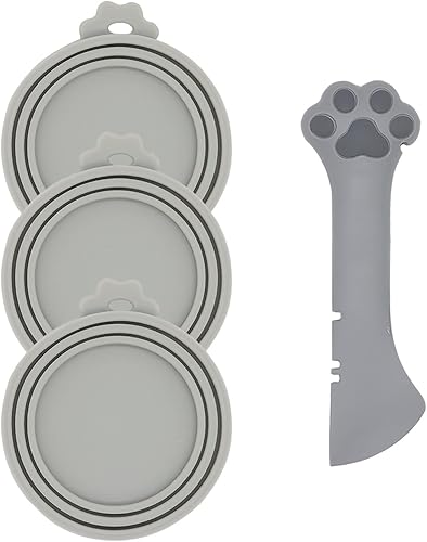 Cuchara para latas de comida para mascotas y 3 fundas para latas, espátula con forma de pata para gatos, tapas universales de silicona sin BPA para
