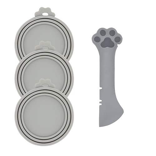 DORUI Pet Food Can Spoon & 3 Pcs Can Covers | Cute Paw Shape Opener Spatula Cat Wet Food Spoon | Universal BPA Free Silicone Can Lids & Spoon for Dog Cat Cans(Grey) - Grey