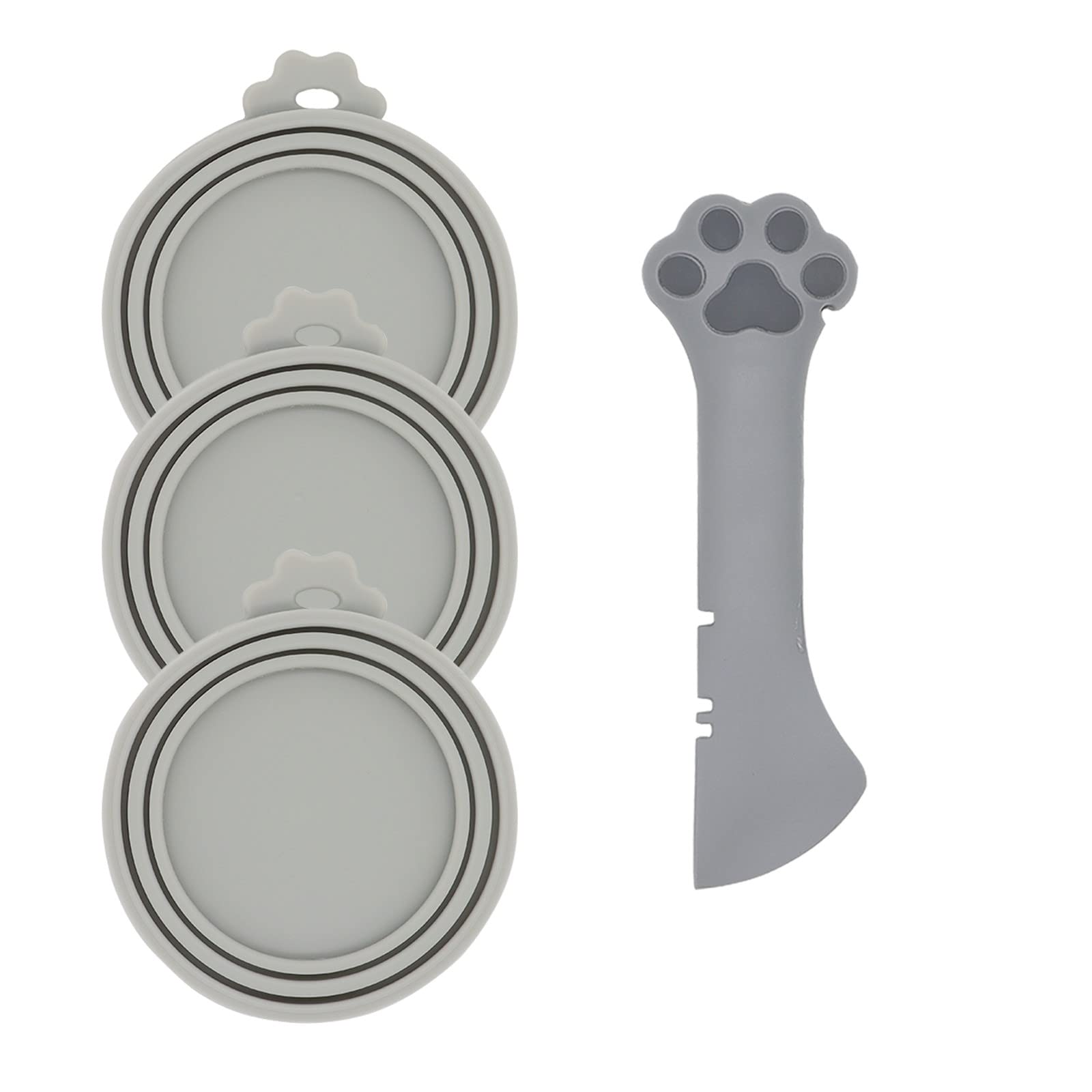 DORUIPet Food Can Spoon & 3 Pcs Can Covers | Cute Paw Shape Opener Spatula Cat Wet Food Spoon | Universal BPA Free Silicone Can Lids & Spoon for Dog Cat Cans(Grey)