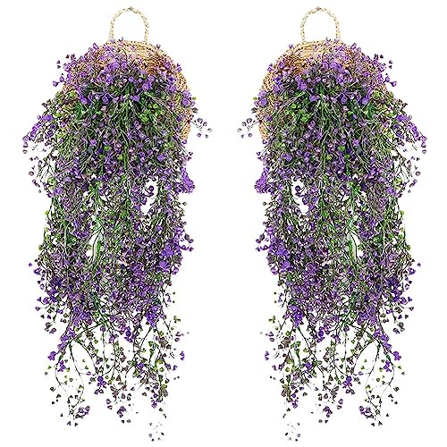 TTBDDM 2 Piezas Cesta Colgante Flor Artificial, Flores Colgantes, Cesta Colgante Flores de Simulación, Plantas Colgantes Artificiales, para Decorar Bodas, Jardines, Paredes y Salones (Morado)