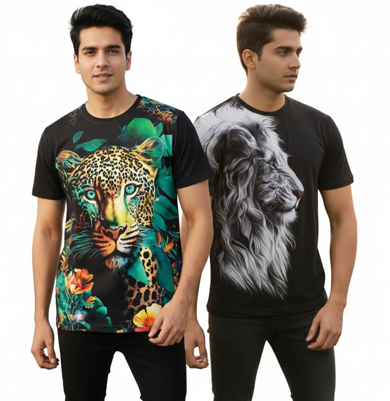 2-Pack Wild Cat T-Shirts: Tropical Leopard & Mono-Chrome Lion Combo-picture-47