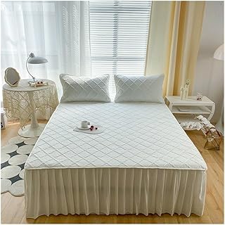 Colcha estilo falda de cama de seda acolchada gruesa a cuadros, sábana bajera ajustable de 45 cm de alto, dobladillo sólido, funda protectora de colchón (color blanco, falda de cama de 120 x 200 cm)