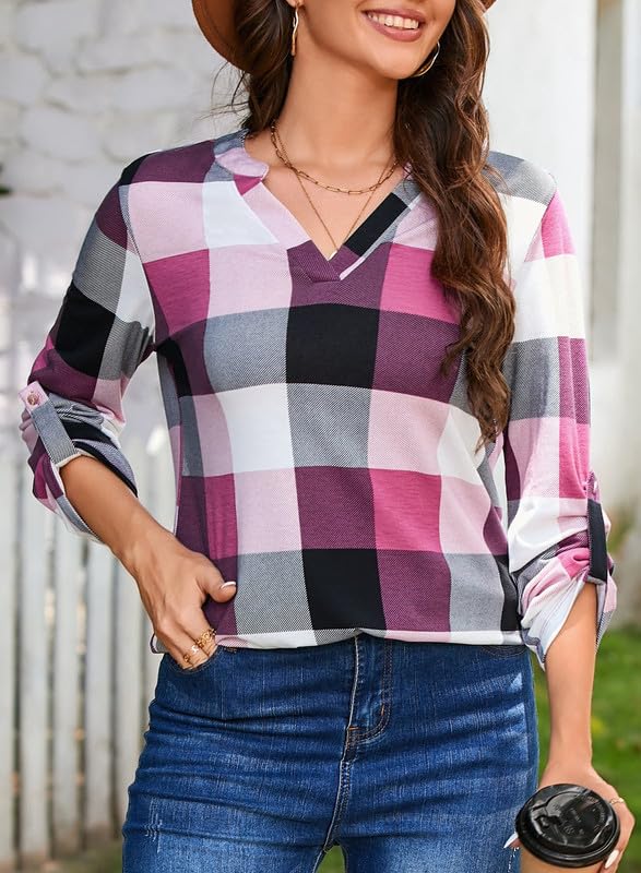 Image of Dokotoo Womens Tops Plaid Cotton Cuffed 3 /4 Sleeve Shirts Blouses