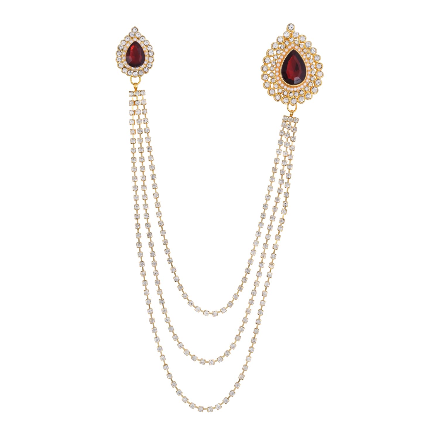 Gold Plated Traditional Dual Brooch with Layered Chain and American Diamond for Men’s Suits and Sherwanis (SMBR003M)-image-47