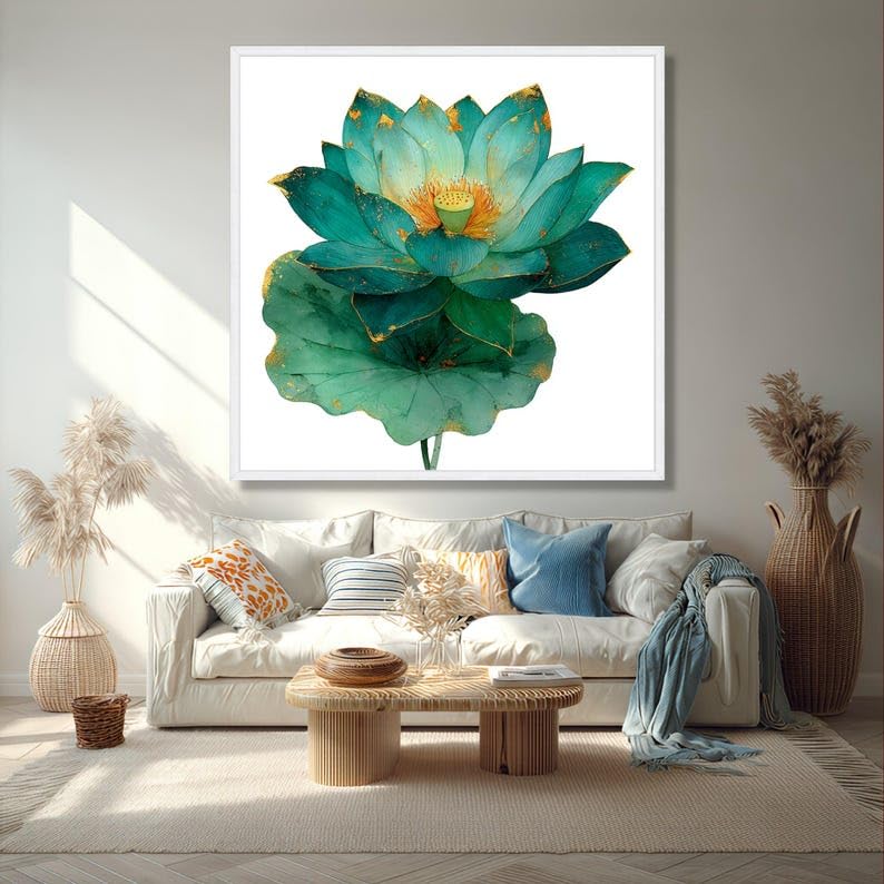 Fleur de lotus turquoise décoration salon grand tableau abstrait - 4