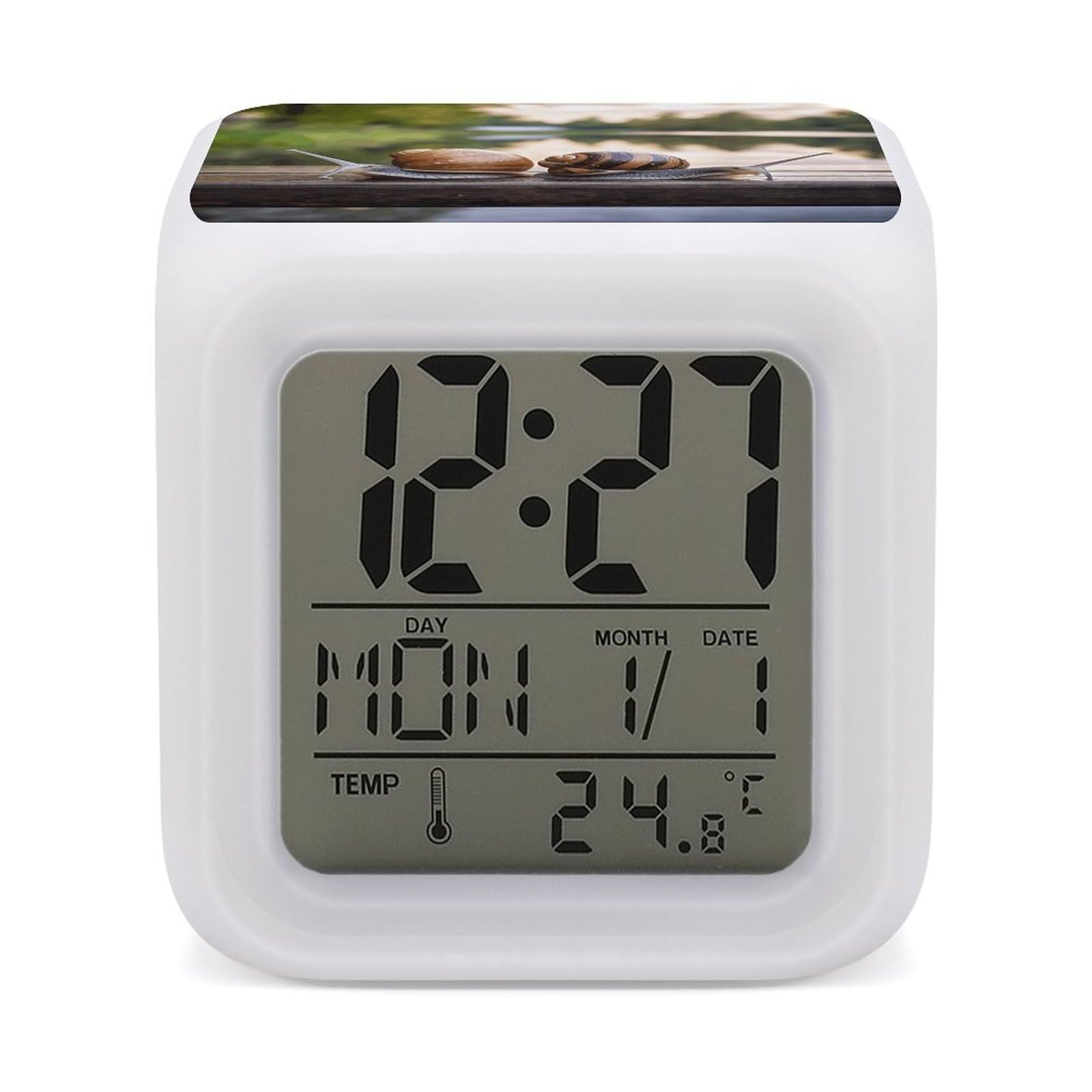 JTREHY 7 Color Changing LED Digital Alarm Clock,Two Snails on The Bench Printed Wake-up Clock with Temperature Display Home Decoration Alarm Clock for Bedroom Office