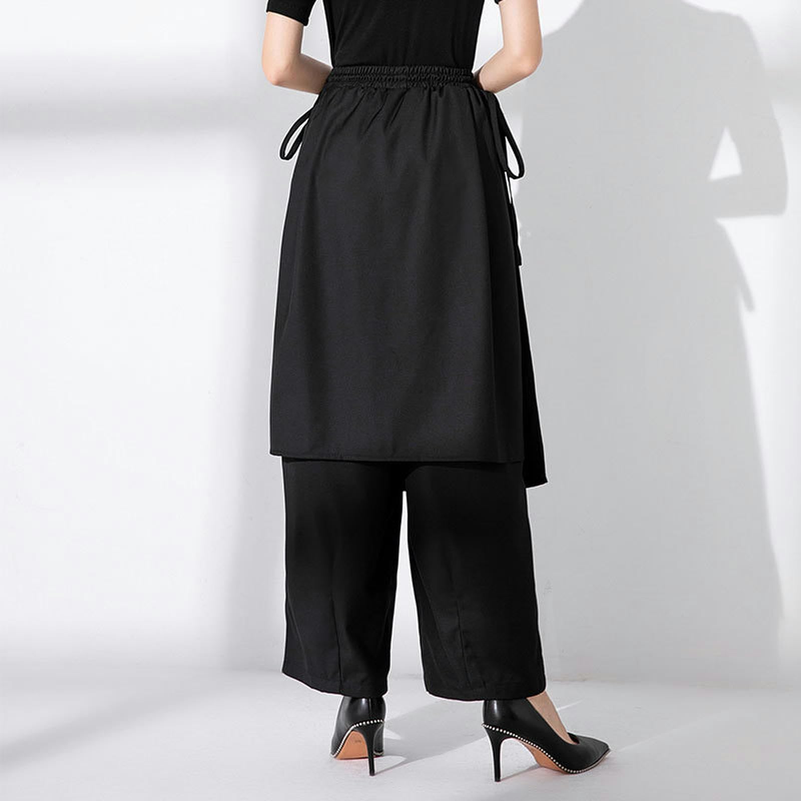 Jupe-Culotte Taille Haute Style Street Workwear avec Coutures latérales et banderoles, Jupe-Culotte décontractée et Pantalon décontracté à Jambes Larges - Noir - Taille Unique