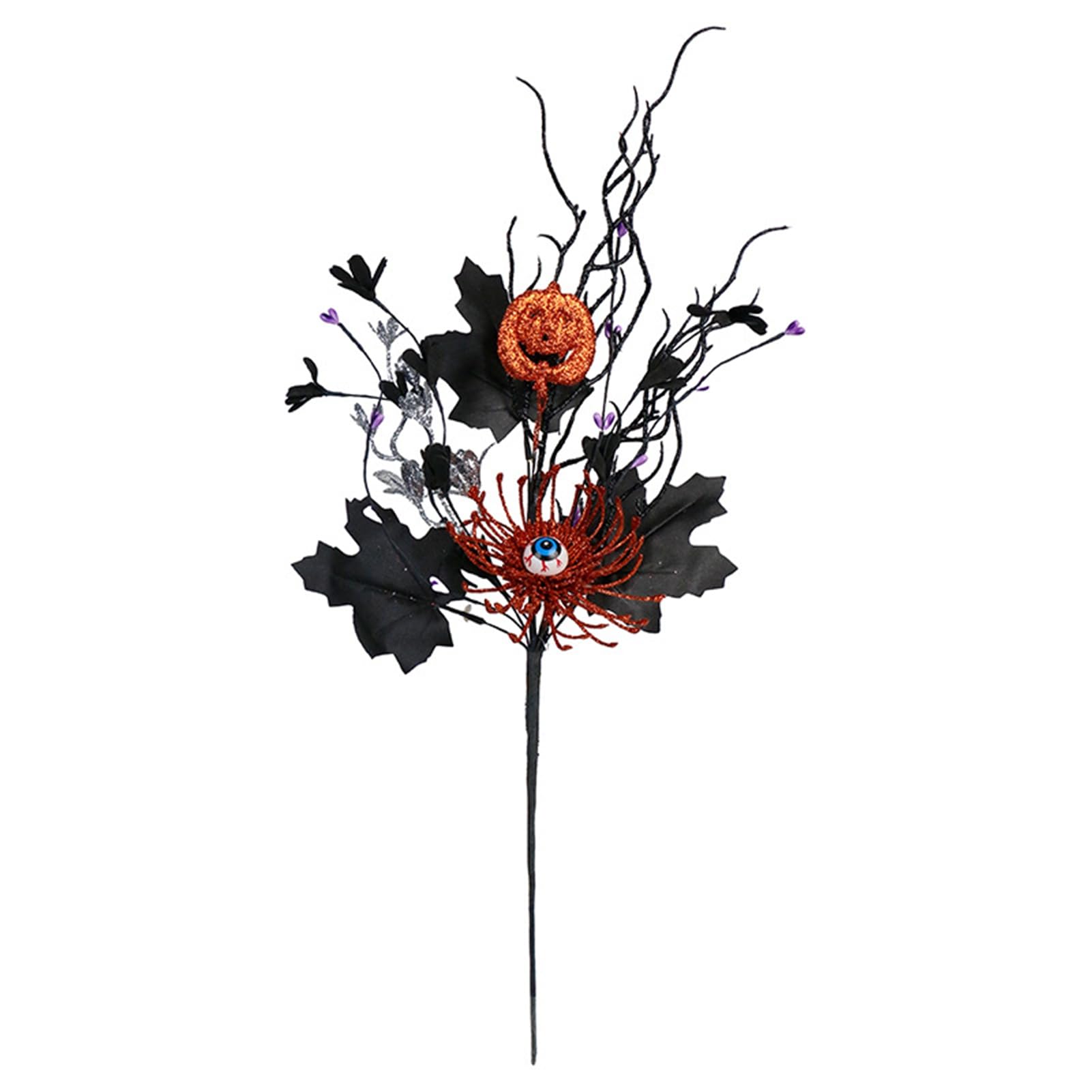 Pasisuu Halloween Artificial Branch Stem Glitter Black Fake Twig with Pumpkin Eyeball Maple Leaves Indoor Table Centerpiece Gothic Floral Arrangement 55cm 1pc