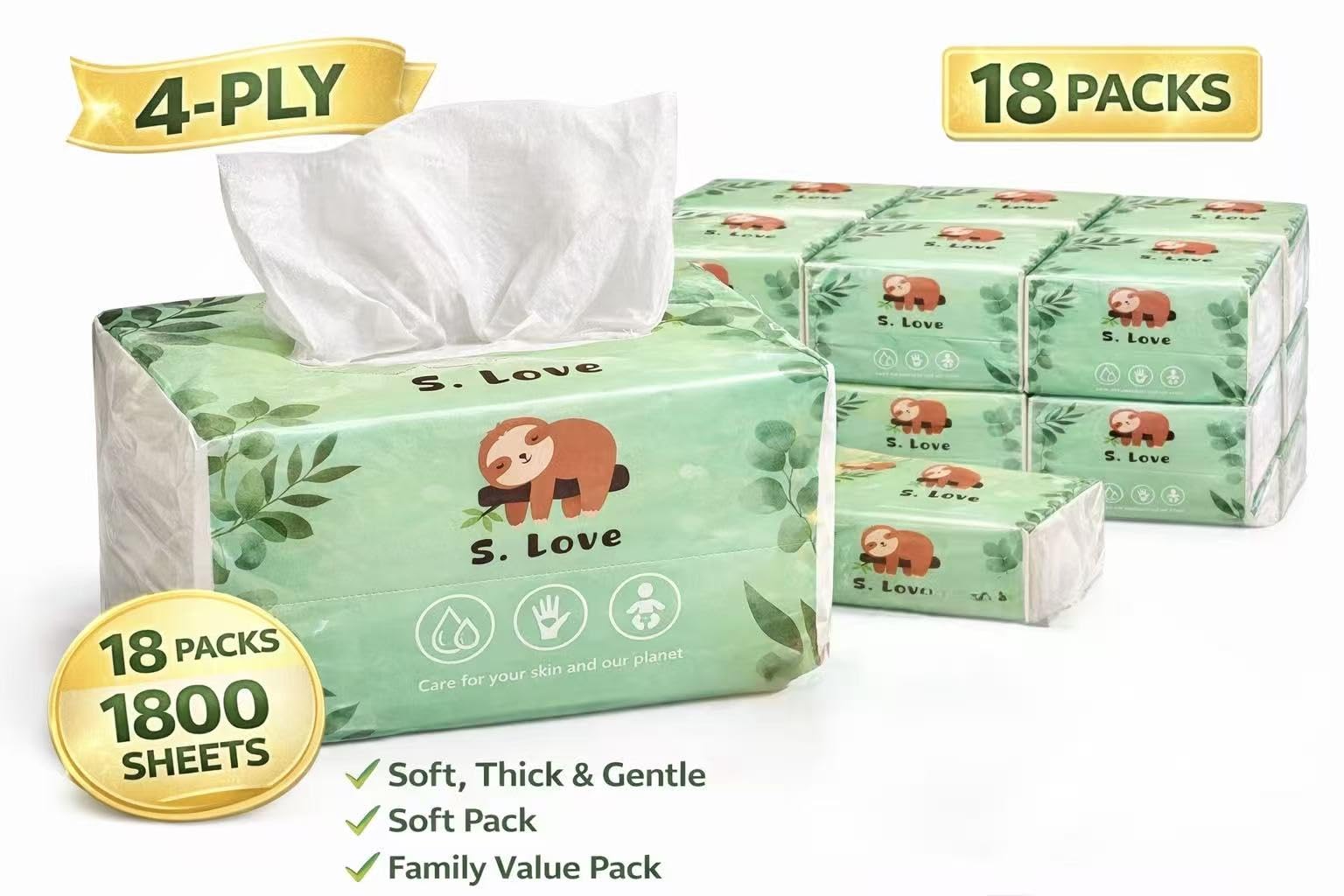 S.Love Lot de 18 mouchoirs doux pour le visage – Durable – Compostable – Doux (18)