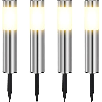 Warmwei  Solarlampen f r Au en Edelstahl Solarleuchten Garten mit Schalter ein/ausIP45 Wasserdicht LED Gartenleuchten f r Terrasse Rasen Garten Wege boden 4 St ck [Energieklasse E]
