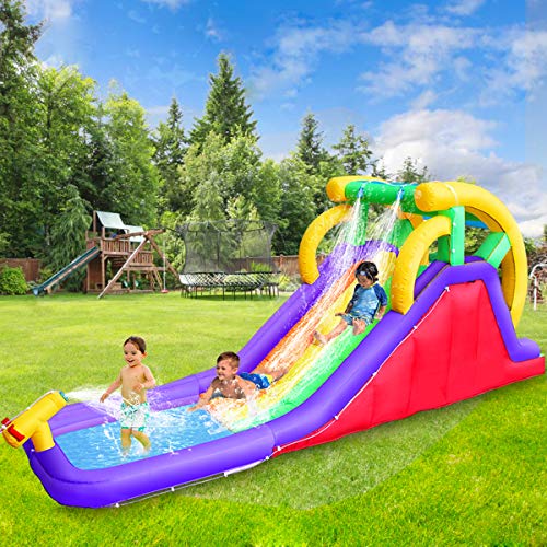 RETRO JUMP Inflatable Water Slide, Double Slide Pool Water Park Bounce House w/ Climbing Wall, Splash Pool, Water Cannon, Patch Kit, Storage Bag, Stakes, Water Tube, Blower Included