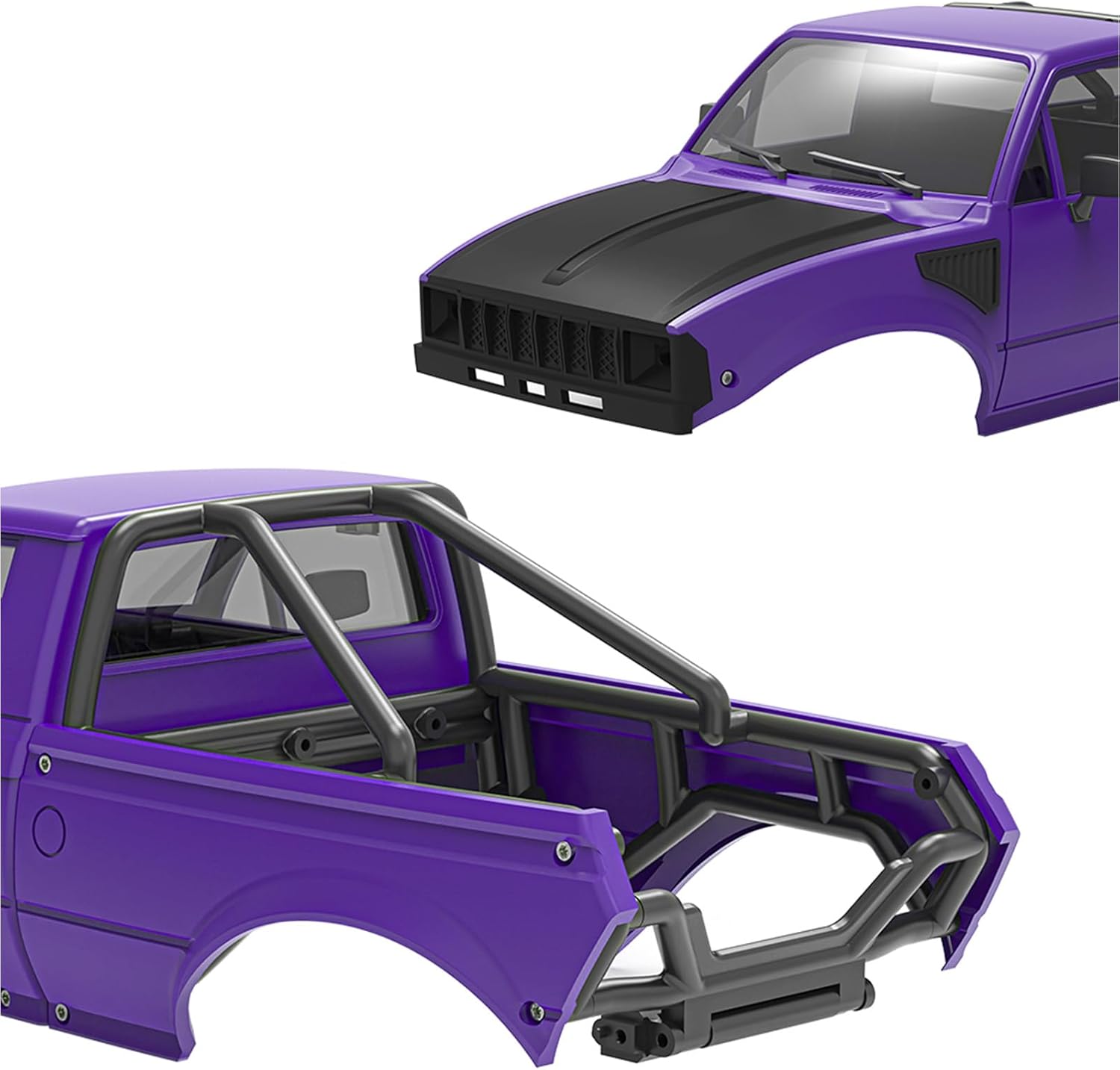 RC Pickup Body Shell with Bed Rack and Light kit & 2PCS Hanging Ball Nuts for 1/24 RC Crawler Axial SCX24 C10 Bronco Wrangler Base Camp 4Runner (Black & Purple)