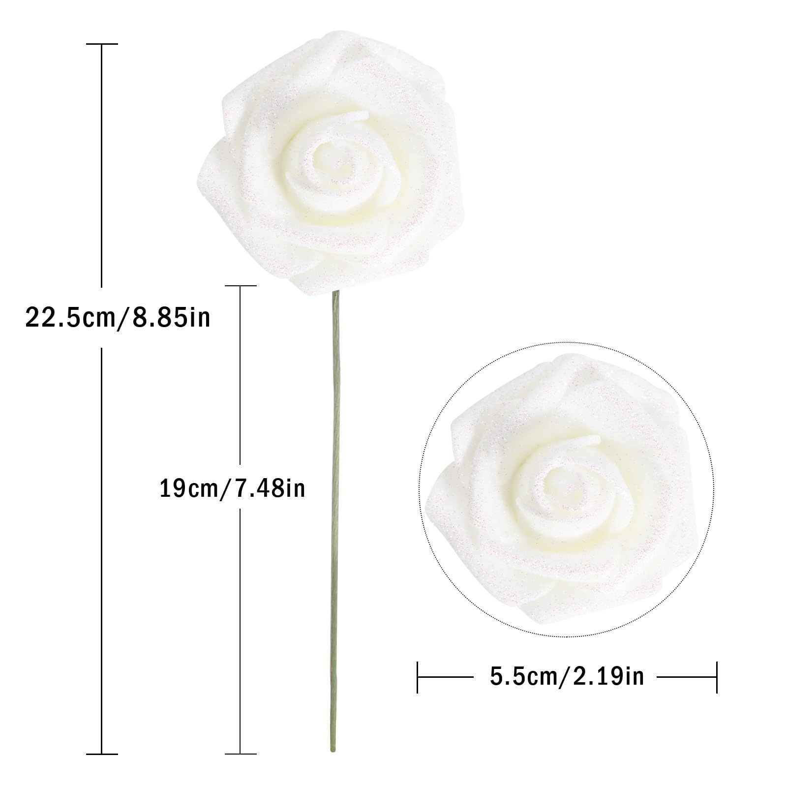 IPOPU 25 Rose Bianche Glitterate Artificiali In Schiuma: Con Stelo In Filo Per Bouquet Fai Da Te, Decorazione Casa E Feste - 4