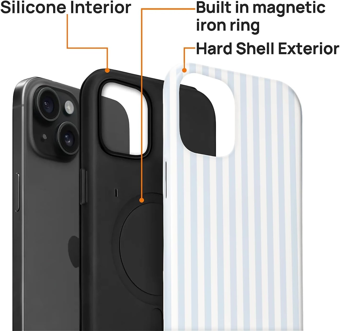 for iPhone 15 Case,Compatible with MagSafe,Cute Fashion Striped Aesthetic Retro Design for Women Girls,Soft TPU Durable Protection Case for iPhone 15-Blue and White image 3